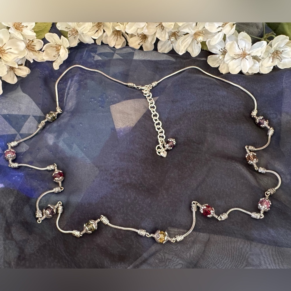 Brighton Silver Tone Glass Bead Station Necklace Multicolor Adjustable 34–38”